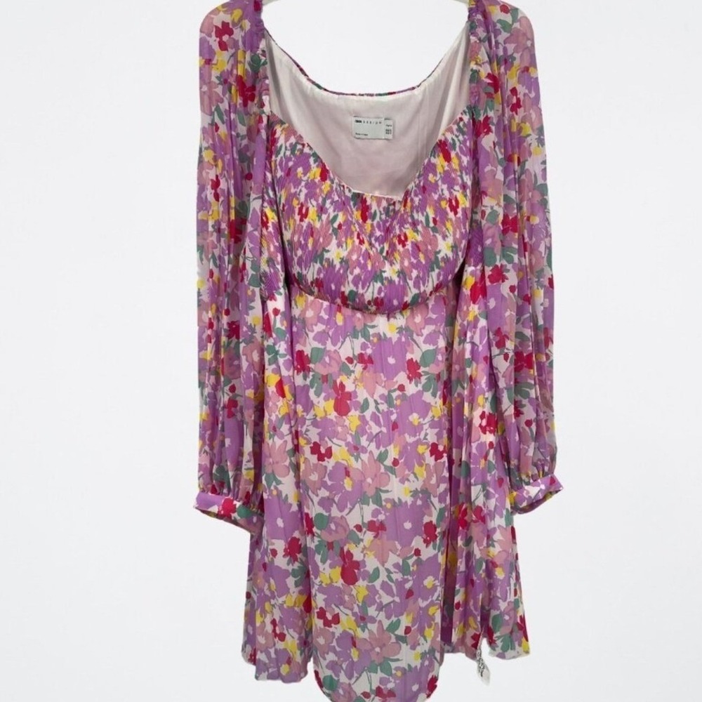 ASOS DESIGN Curve Purple Floral Pleated Dress Long Sleeve Womens Plus Size 24‎